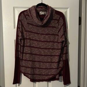 Dragonfly Red and Tan Cowl Neck Sweater with Relaxed Fit and Stripes